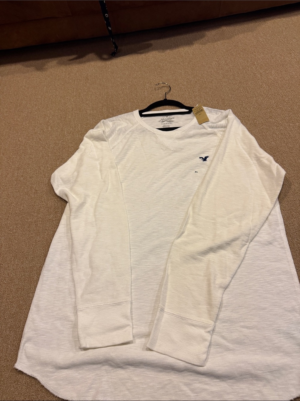 American Eagle Outfitters White Long-Sleeve Thermal Tee with Navy Logo